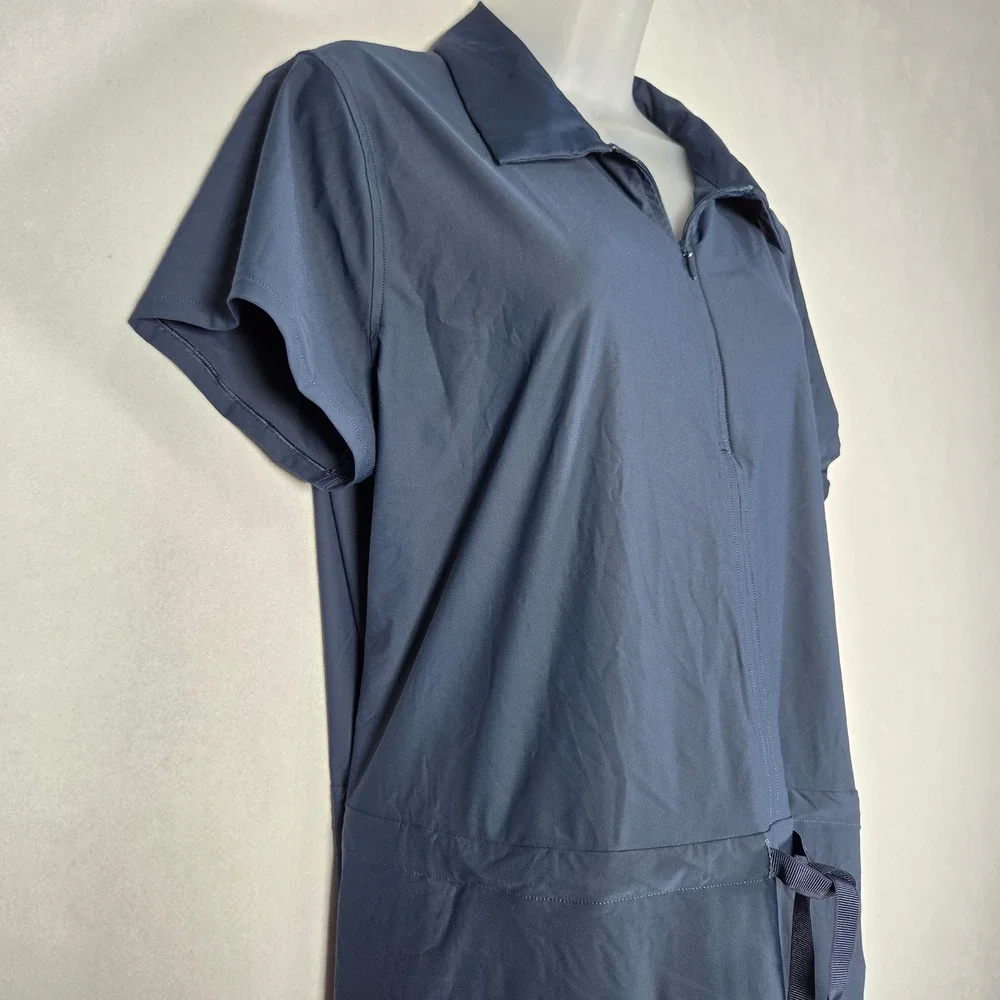 Spanx Sunshine Collared Drawstring Waist Dress XL Navy Blue Carry On Athleisure